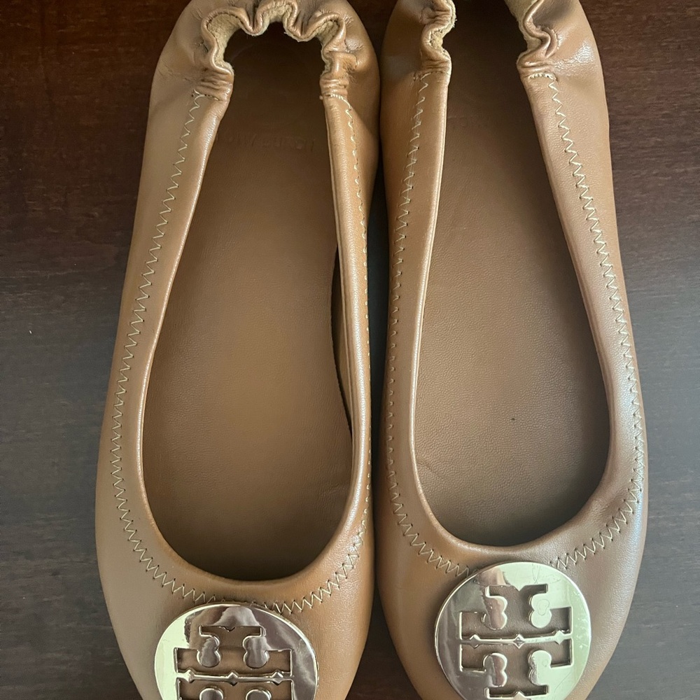 Tory Burch Tan Flats with Metallic Logo